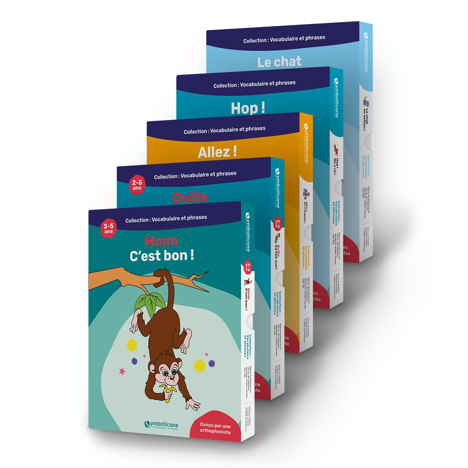 Les 5 livres magnétiques du coffret vocabulaire et premières phrases nº 1, empilés