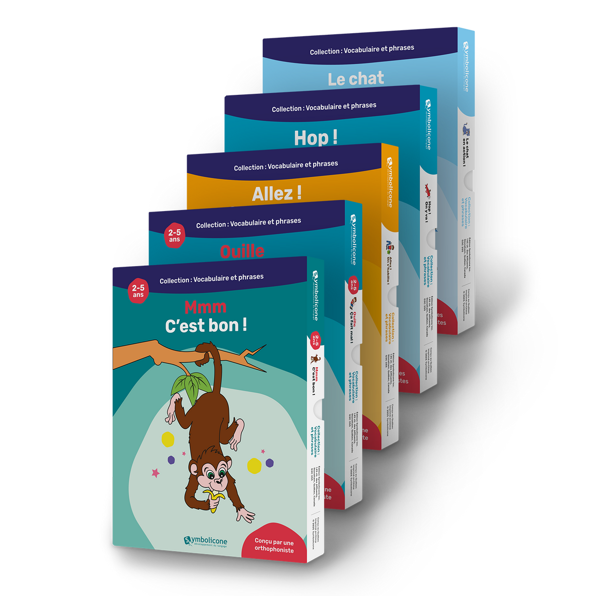Les 5 livres magnétiques du coffret vocabulaire et premières phrases nº 1, empilés