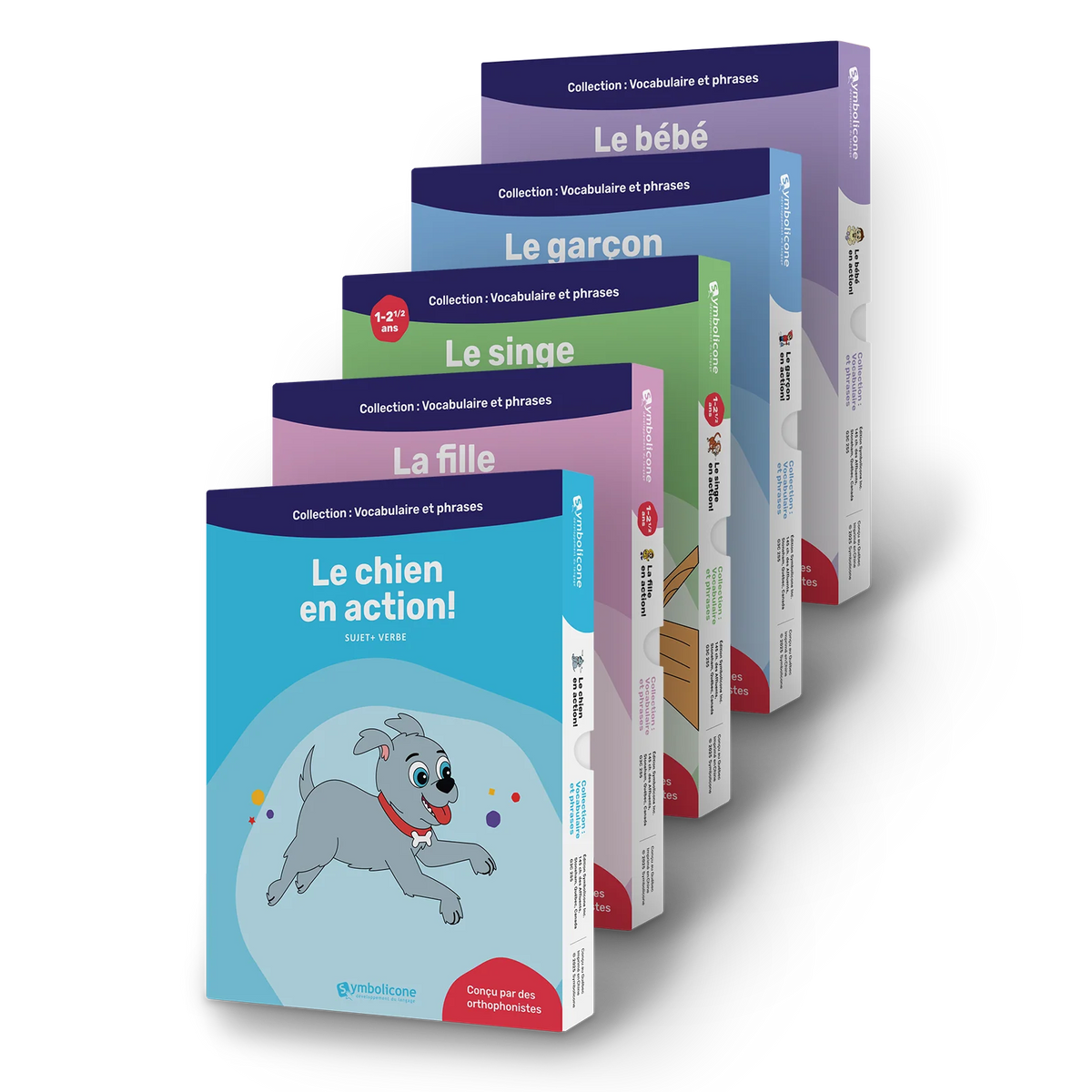 Les 5 livres magnétiques du coffret vocabulaire et premières phrases nº 2, empilés