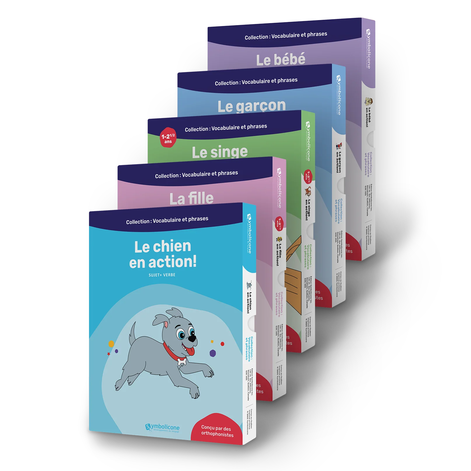 Les 5 livres magnétiques du coffret vocabulaire et premières phrases nº 2, empilés