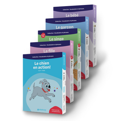 Les 5 livres magnétiques du coffret vocabulaire et premières phrases nº 2, empilés
