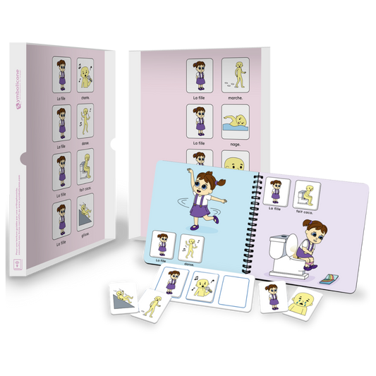 Open metal tin of « La fille en action ! »: spiral booklet and magnetic pieces