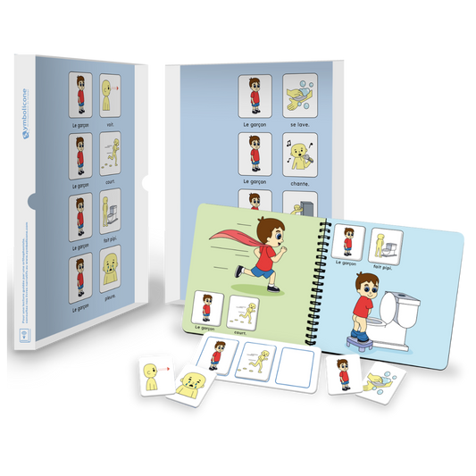 Open metal tin of « Le garçon en action ! »: spiral booklet and magnetic pieces