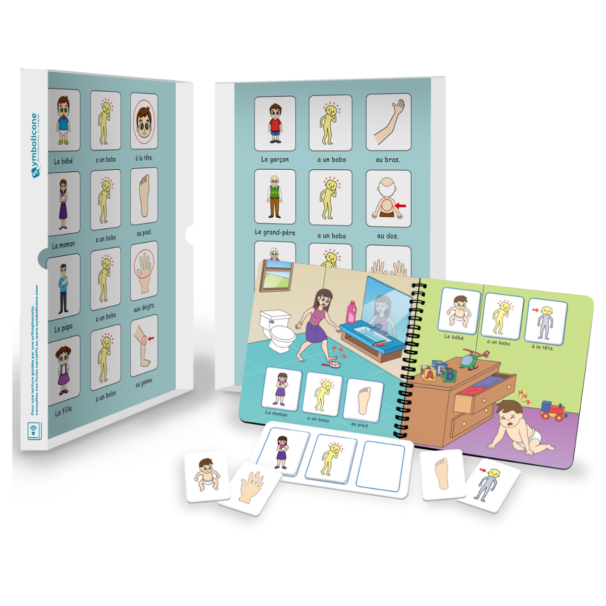 Boîte métallique ouverte d’un livre magnétique du coffret : livret en spirale et pièces