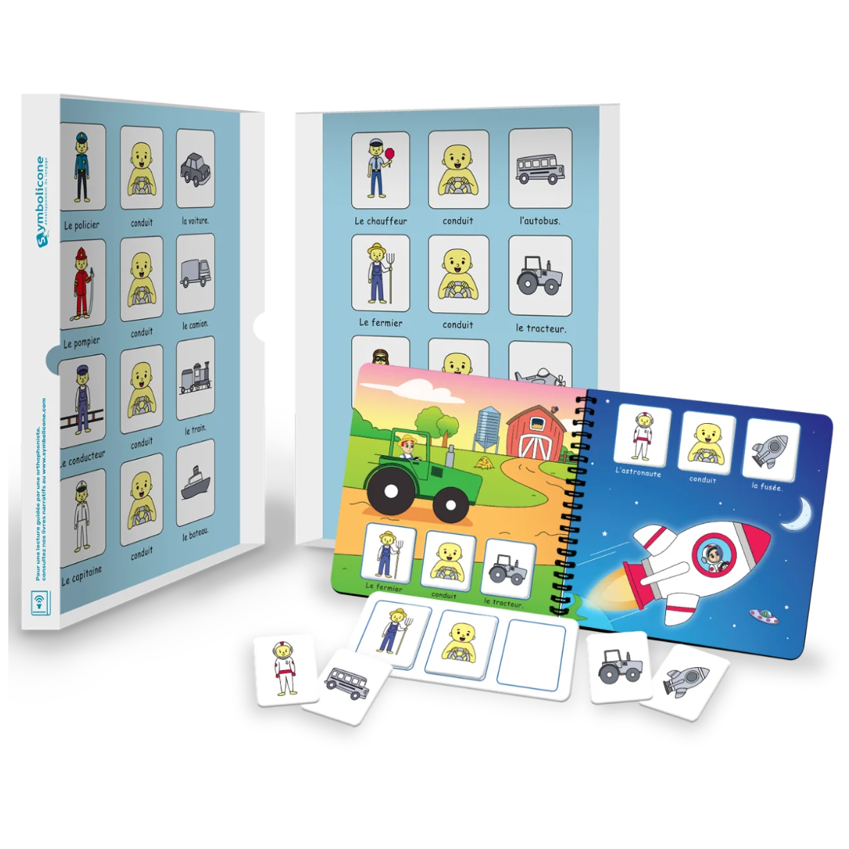 Boîte métallique ouverte d’un livre magnétique du coffret : livret en spirale et pièces