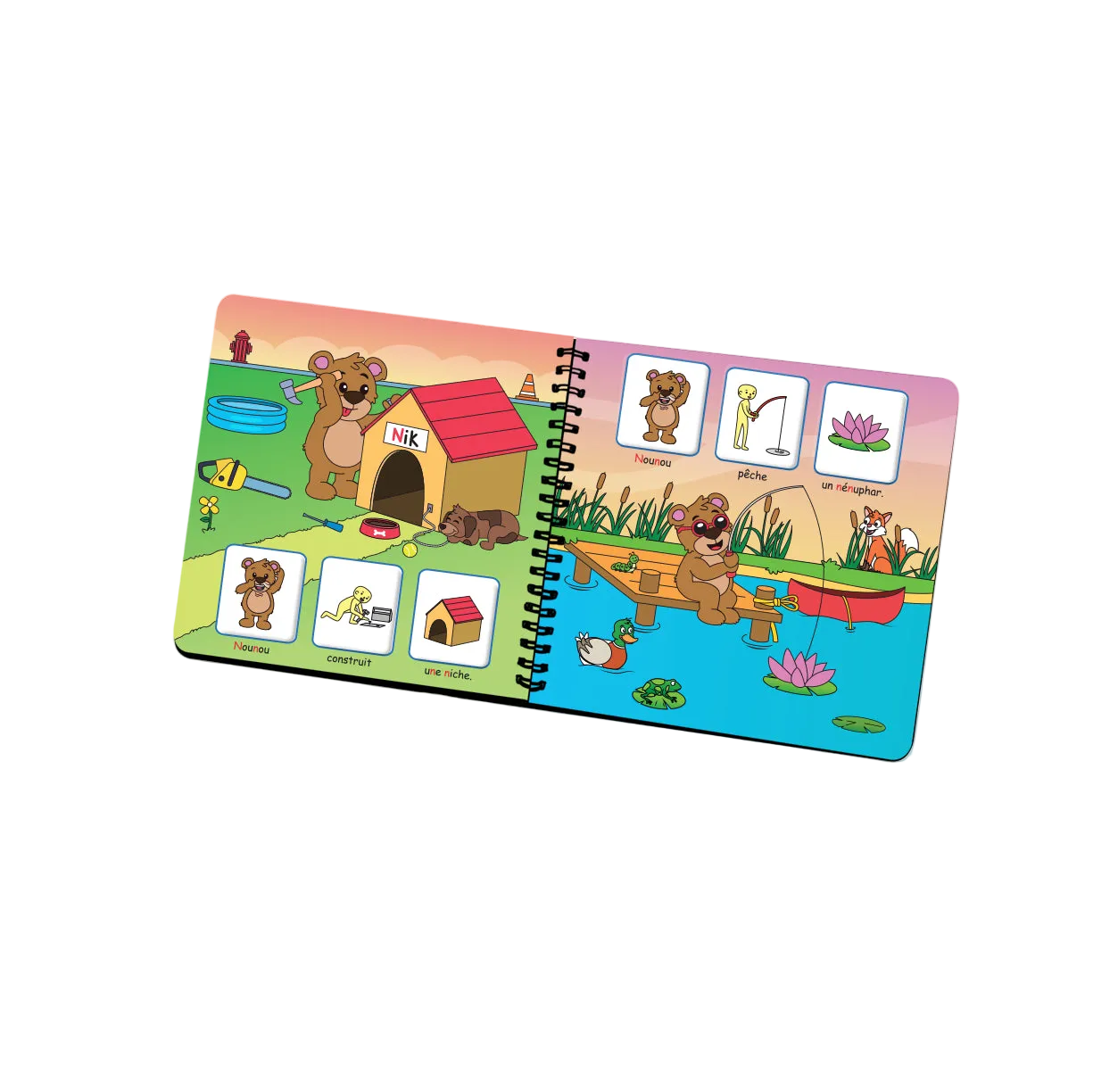 Livret en spirale ouvert de « Je prononce le son [n] avec Nounou l'ourson » : pages illustrées avec pictogrammes