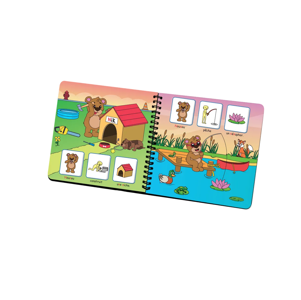 Livret en spirale ouvert de « Je prononce le son [n] avec Nounou l'ourson » : pages illustrées avec pictogrammes
