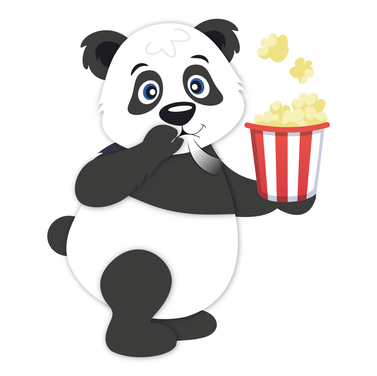 Panda rigolo qui mange du maïs soufflé à même un seau rayé rouge et blanc