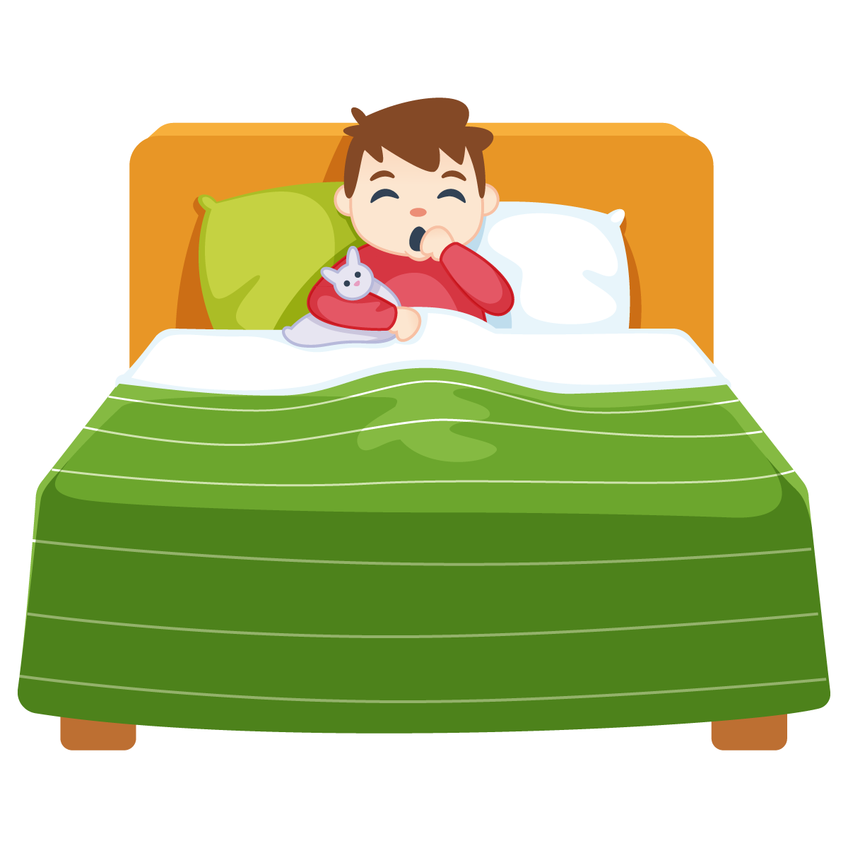 David, petit garçon qui bâille dans son lit avec sa peluche lapin