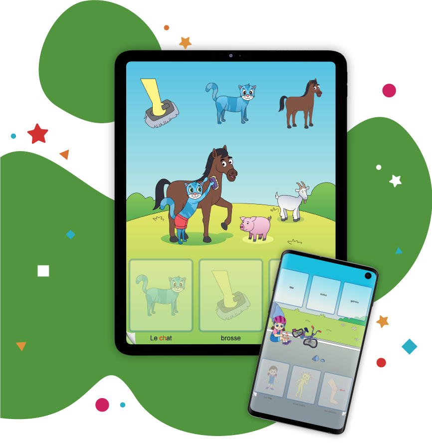Tablette et téléphone montrant les scènes animées de l'application OrthoPicto