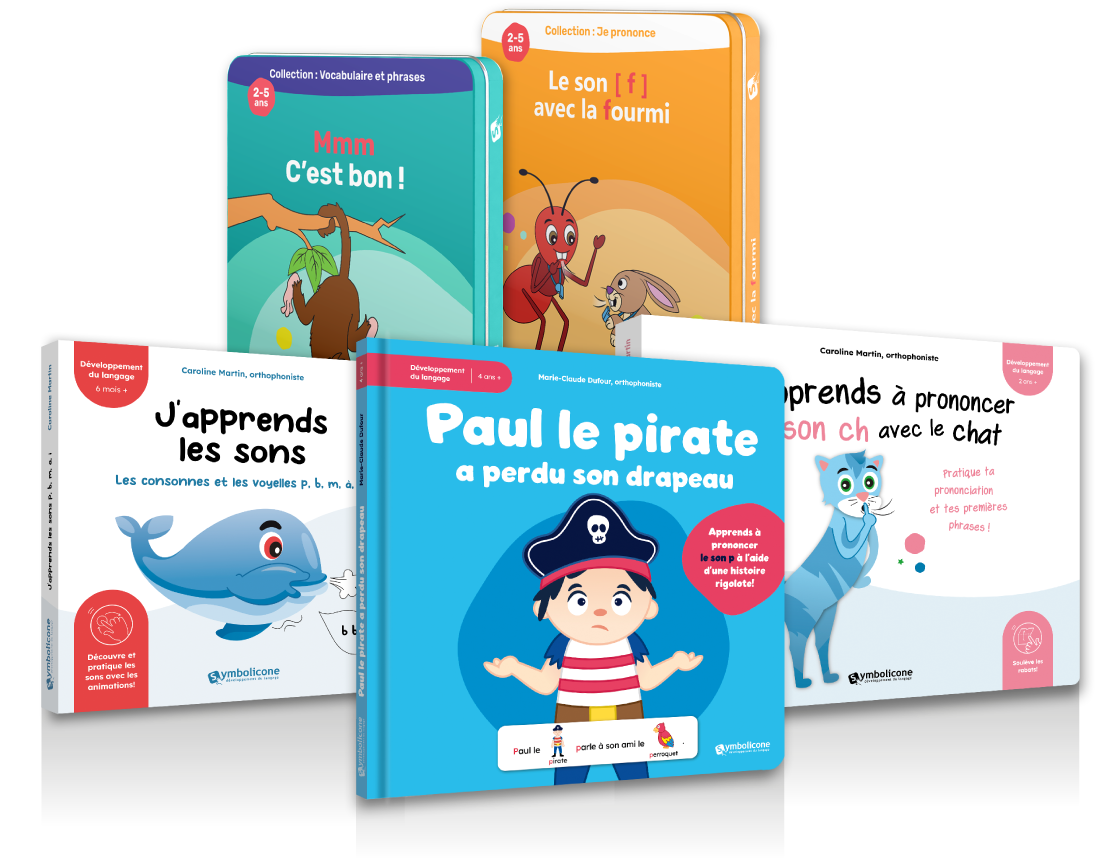 Cinq livres Symbolicone, dont « Paul le pirate a perdu son drapeau » et « J'apprends les sons »