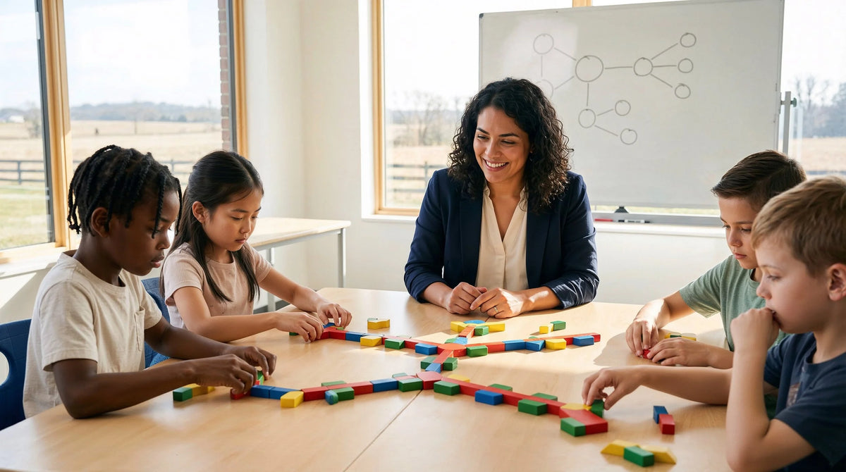 Enseignante souriante et élèves manipulant des blocs colorés en classe