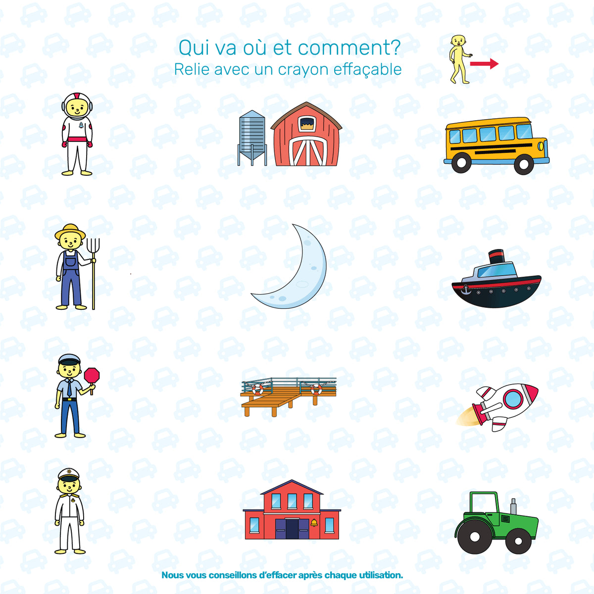 Page d’activité « Qui va où et comment? » : relier les personnages, lieux et véhicules avec un crayon effaçable