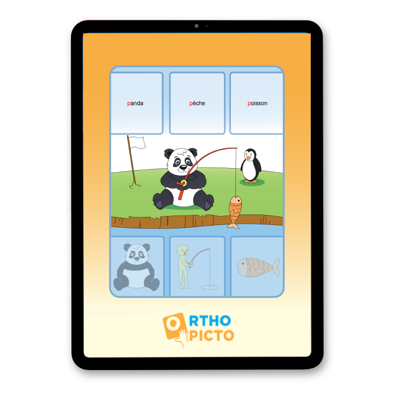 Tablette affichant l'appli OrthoPicto : le panda pêche un poisson, avec pictogrammes à replacer