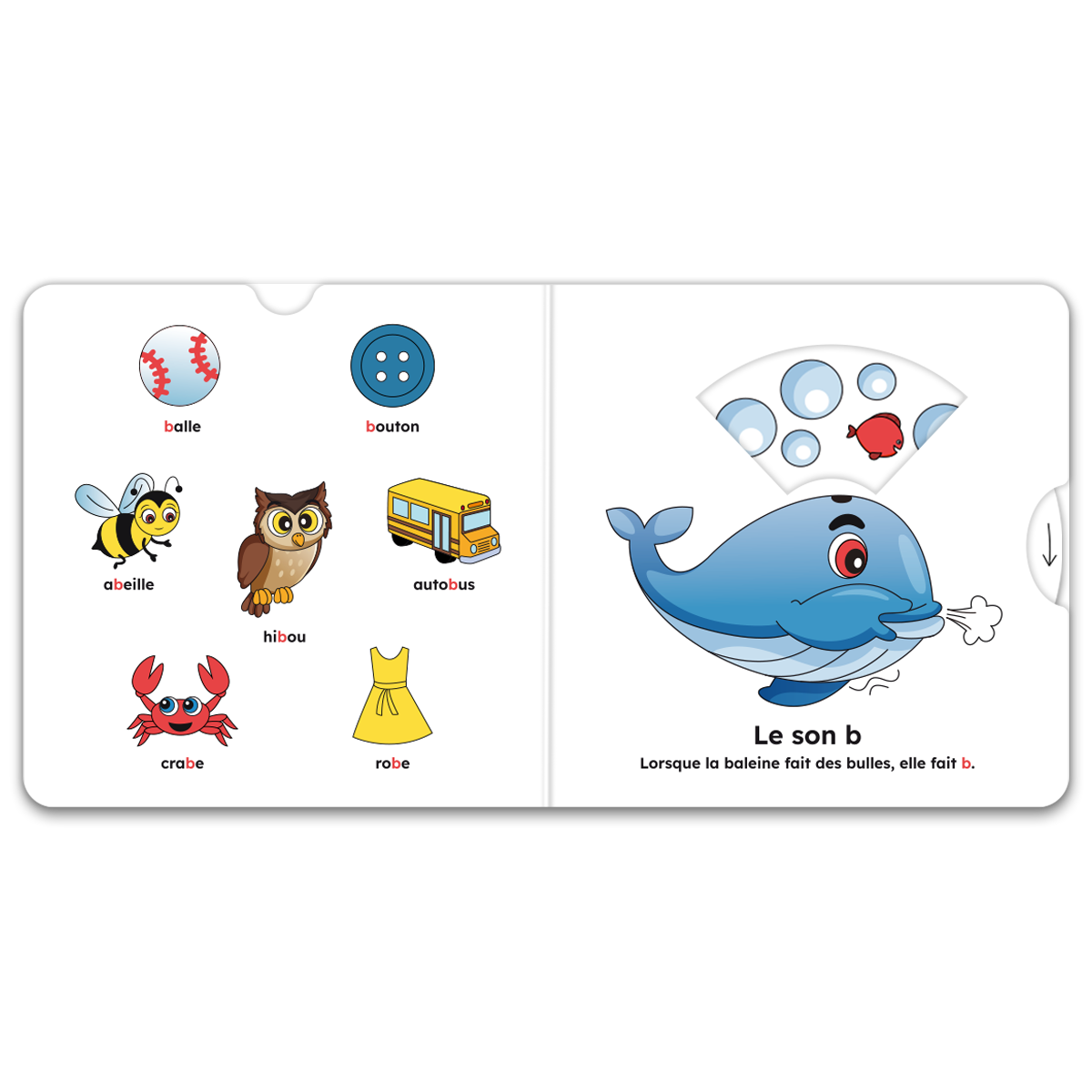 Pages intérieures de « J’apprends les sons (p, b, m, a, i) » : mécanismes interactifs et pictogrammes
