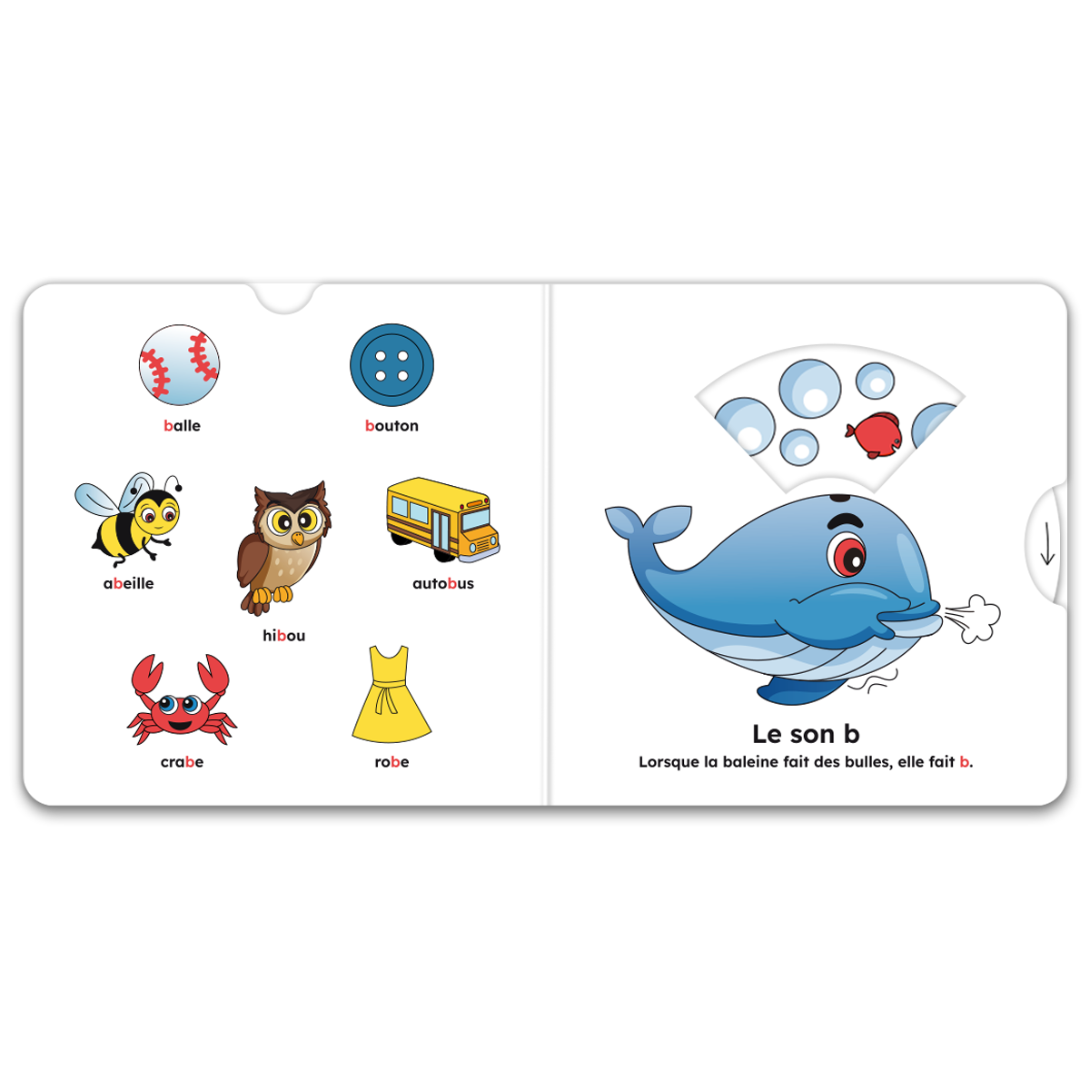 Pages intérieures d’un livre à mécanismes du coffret, avec pictogrammes
