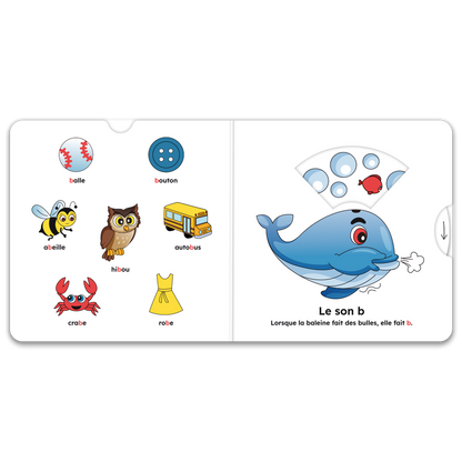 Pages intérieures d’un livre à mécanismes du coffret, avec pictogrammes