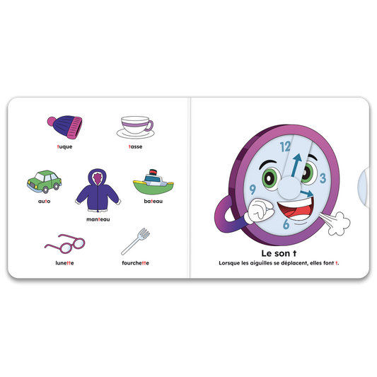 Inside pages of « J’apprends les sons (t, d, n, o, u) »: interactive mechanisms and pictograms