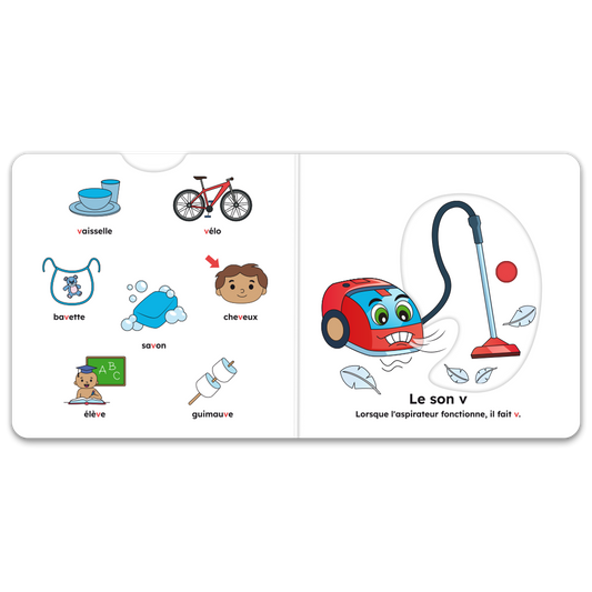 Pages intérieures de « J’apprends les sons (f, v, é, è, in) » : mécanismes interactifs et pictogrammes