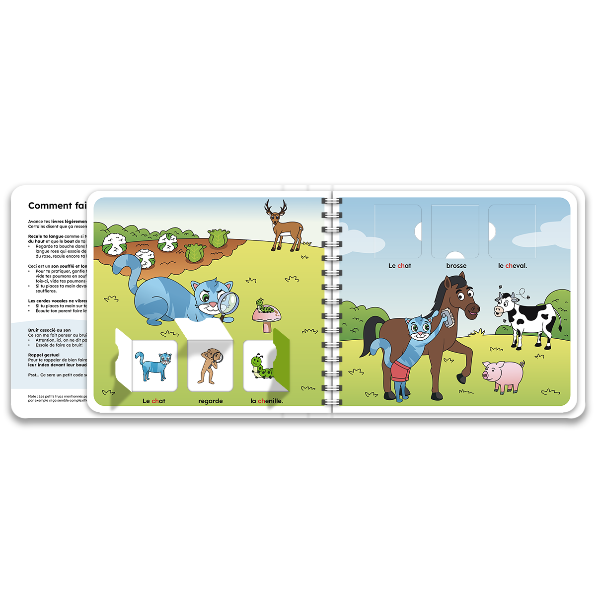 Pages intérieures du livre à rabats « J'apprends à prononcer le son ch avec le chat »