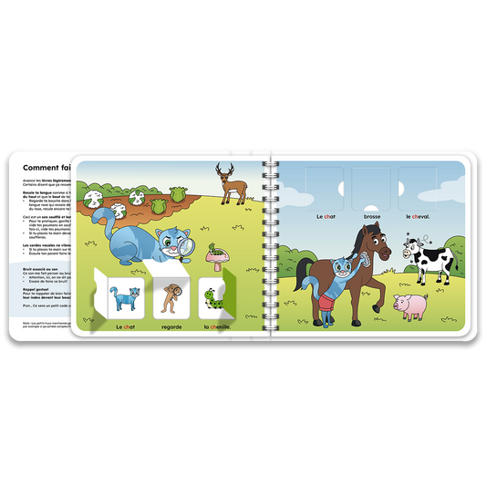 Pages intérieures du livre à rabats « J'apprends à prononcer le son ch avec le chat »