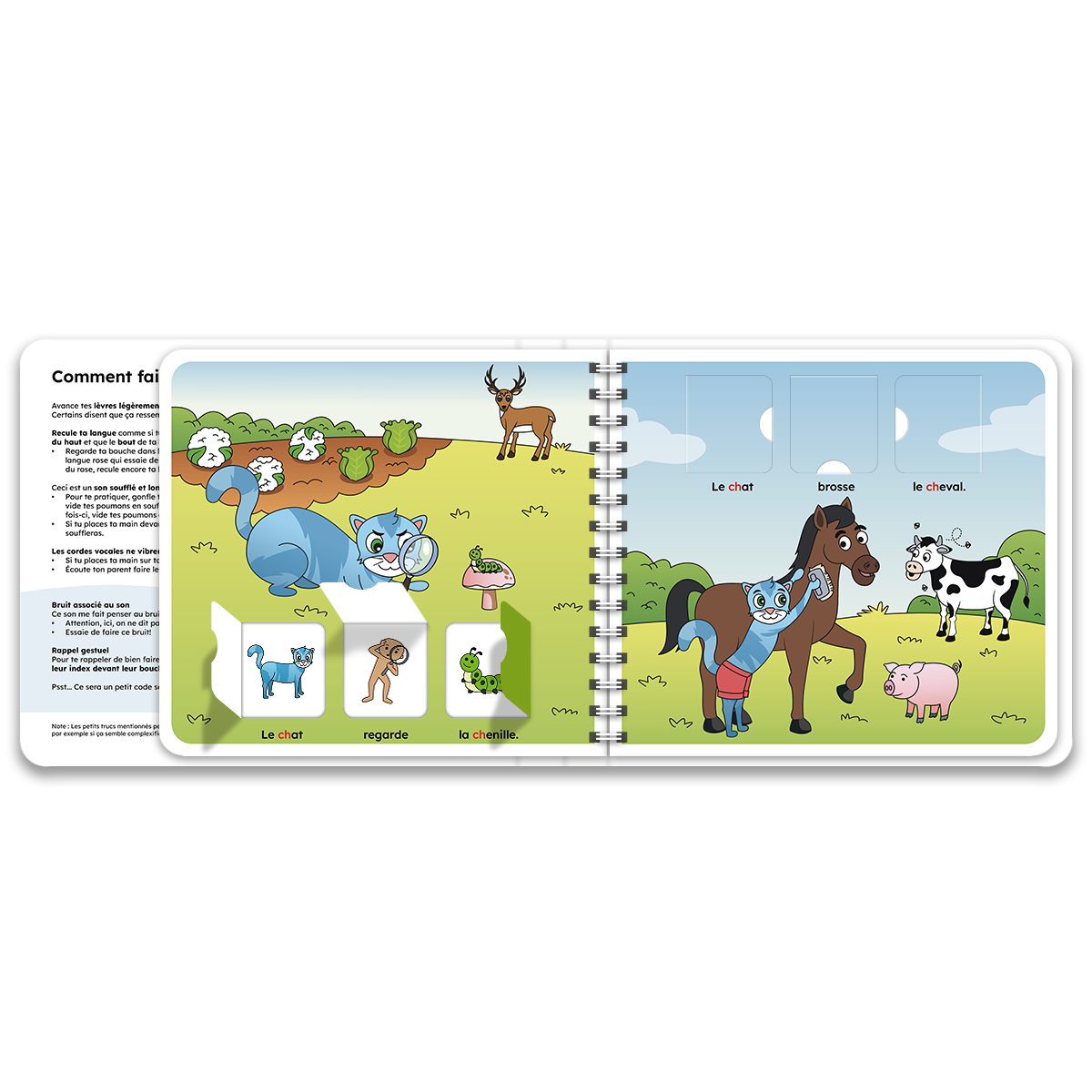 Pages intérieures du livre à rabats avec le chat, inclus dans le coffret