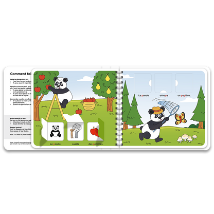 Pages intérieures du livre à rabats avec le panda, inclus dans le coffret