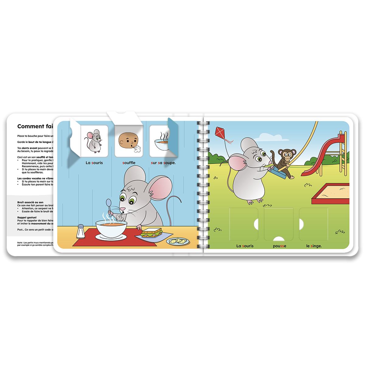 Pages intérieures du livre à rabats « J'apprends à prononcer le son s avec la souris »