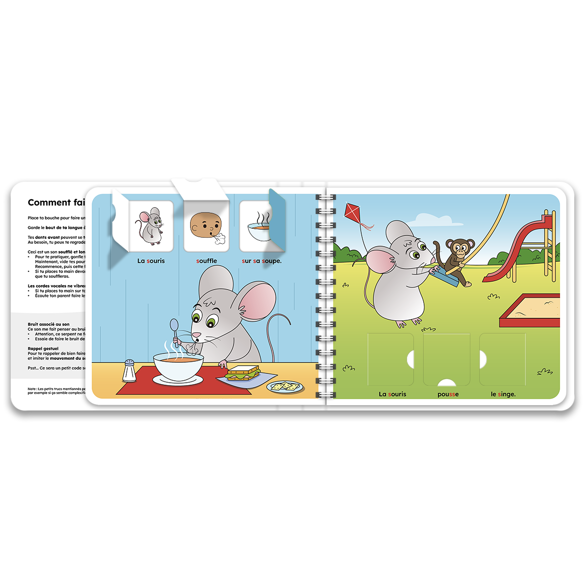 Pages intérieures du livre à rabats avec la souris, inclus dans le coffret
