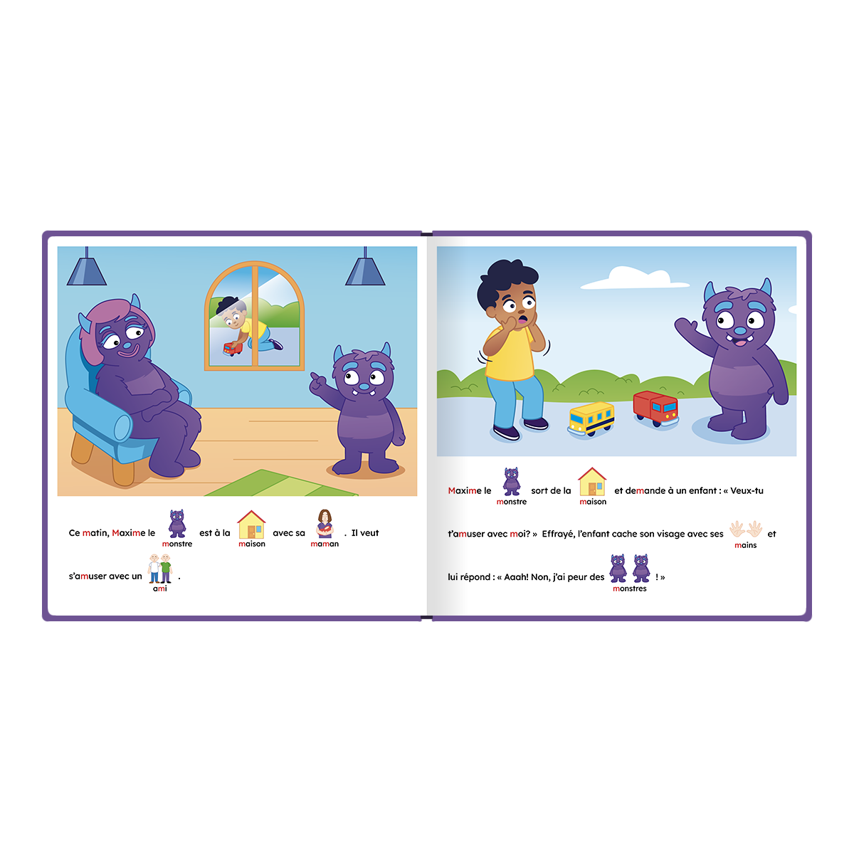 Pages intérieures du livre « Maxime le monstre veut un ami », inclus dans le coffret