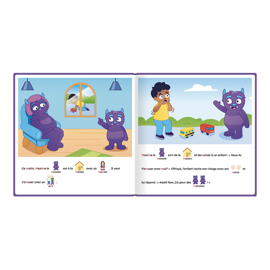Illustrated inside pages of « Maxime le monstre veut un ami », with pictograms integrated into the text