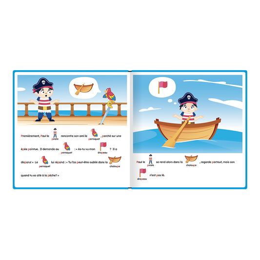 Illustrated inside pages of « Paul le pirate a perdu son drapeau », with pictograms integrated into the text