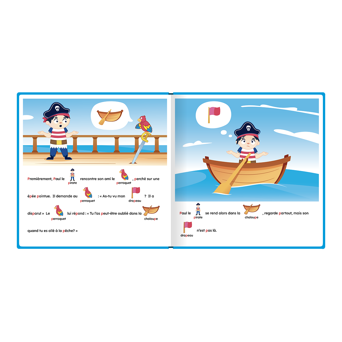 Pages intérieures du livre « Paul le pirate a perdu son drapeau », inclus dans le coffret
