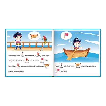 Pages intérieures du livre « Paul le pirate a perdu son drapeau », inclus dans le coffret