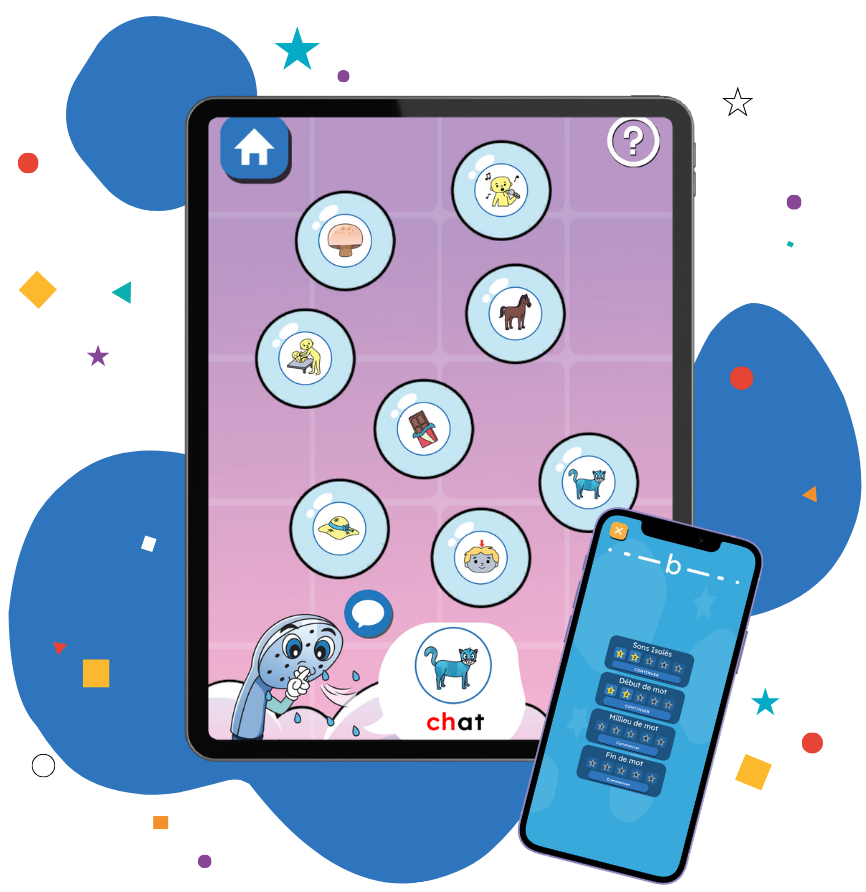 Tablette et téléphone montrant l'application OrthoPhono, ses bulles d'images et le mot « chat »