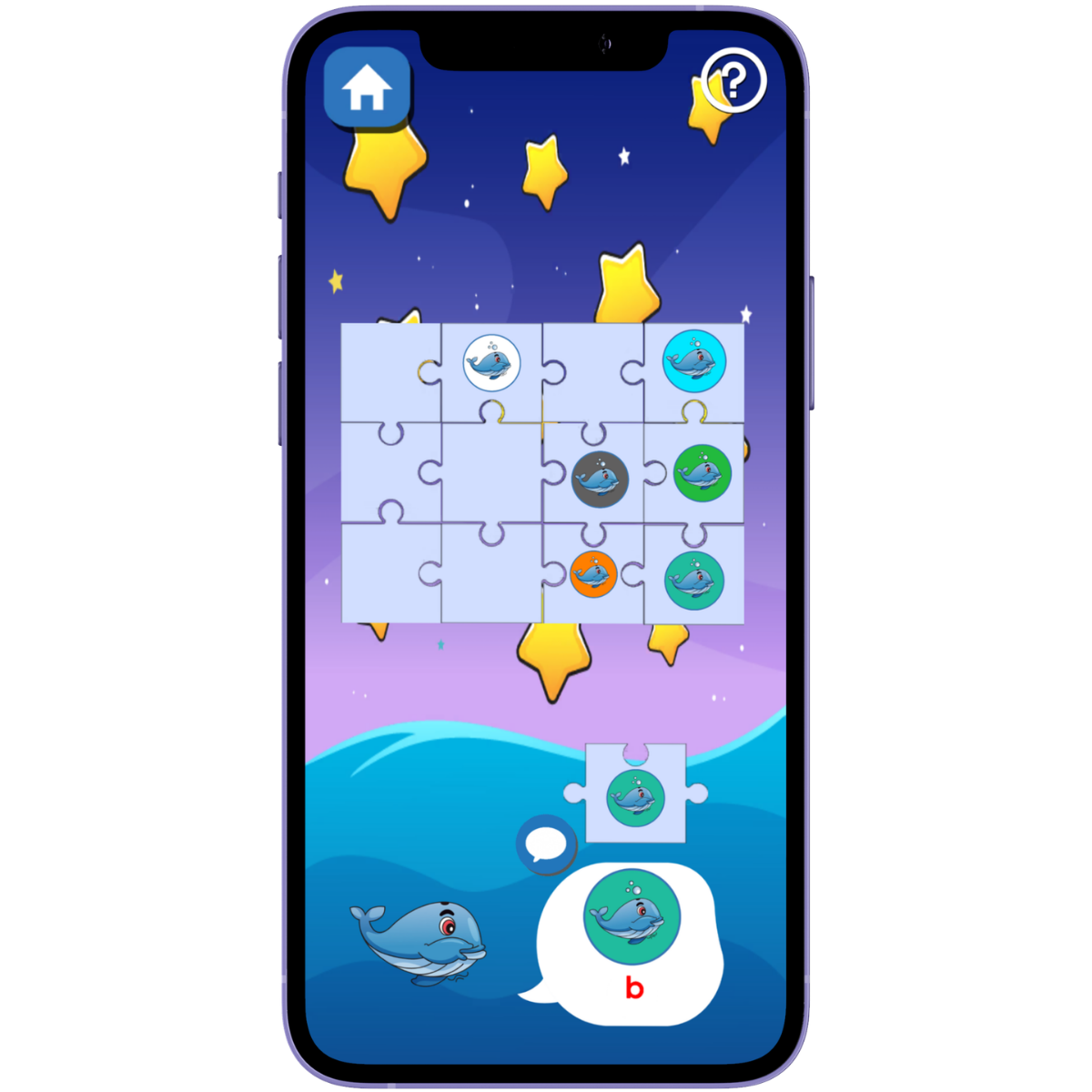 Écran de l'appli OrthoPhono : casse-tête d'images avec la baleine et le son b
