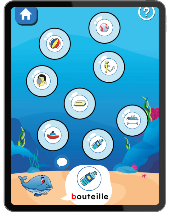 Application OrthoPhono sur iPad : bulles d'images sous la mer, baleine et le mot « bouteille »