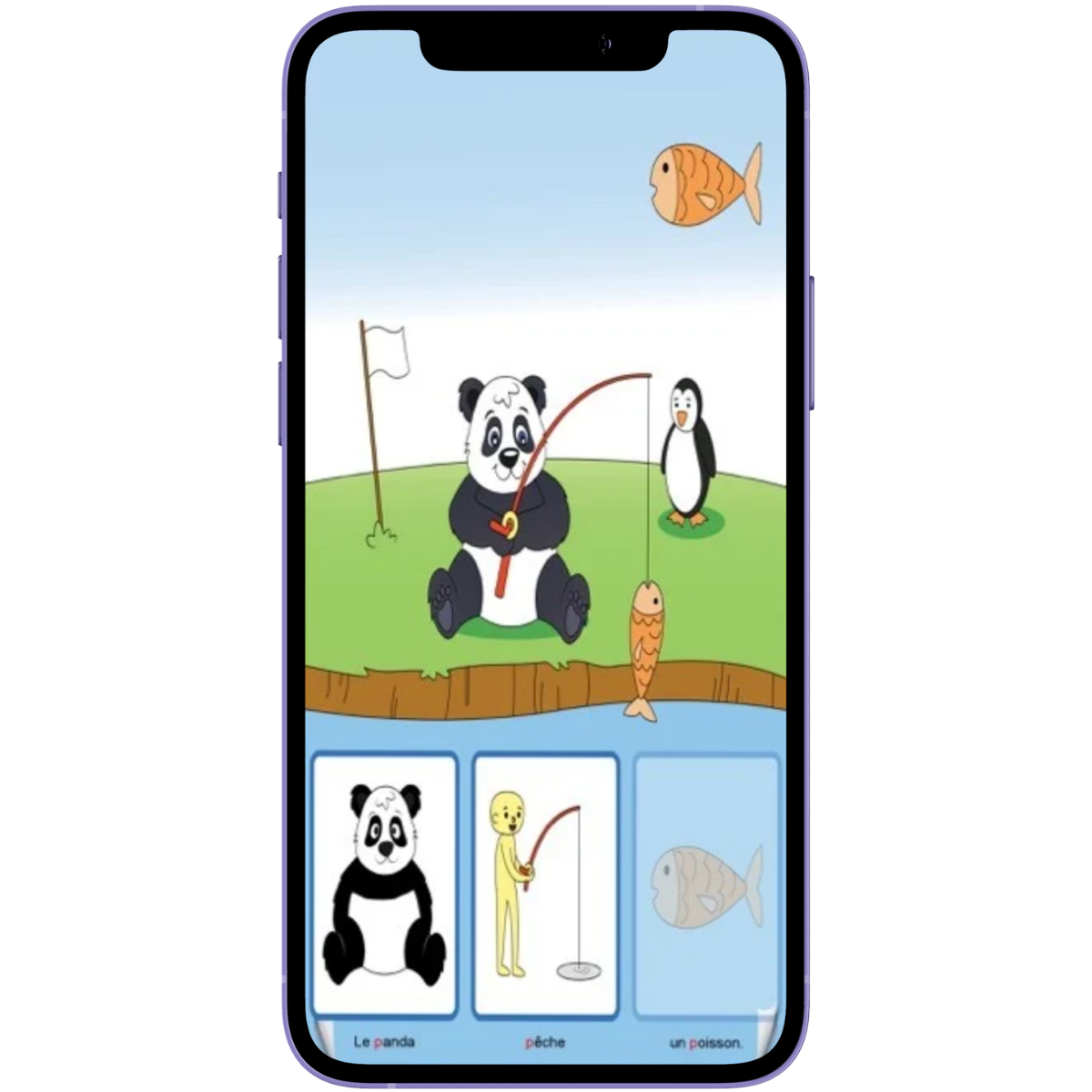 Écran OrthoPicto : reconstruire « Le panda pêche un poisson » en choisissant les bons pictogrammes