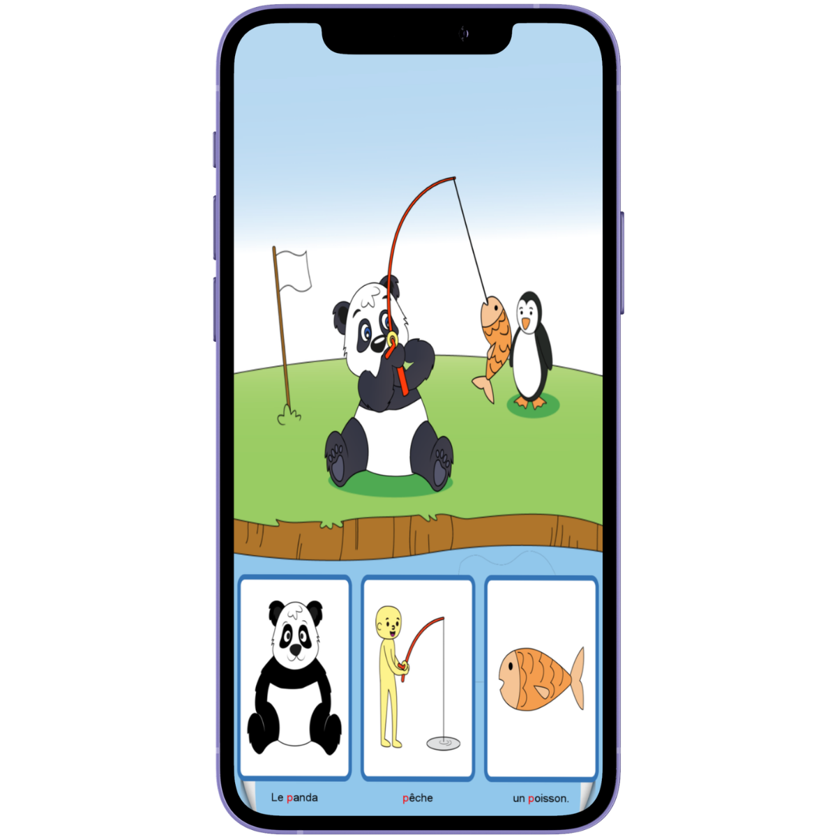 Écran de l'appli OrthoPicto : le panda pêche un poisson, phrase illustrée en pictogrammes