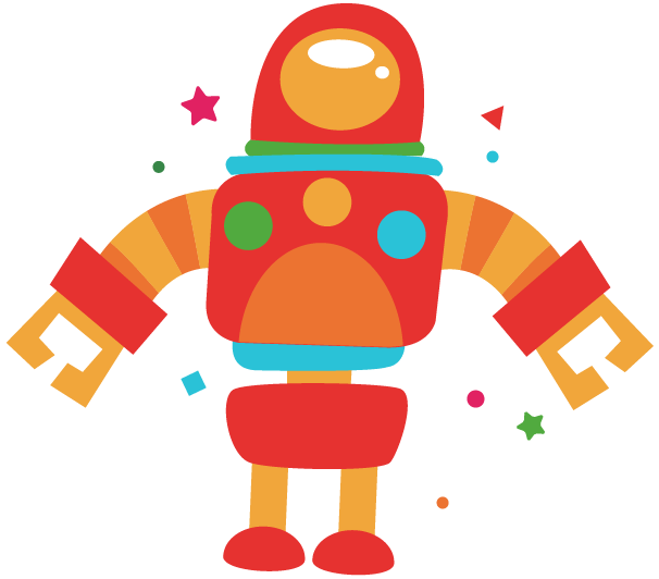 Robot rigolo rouge et orange aux boutons colorés, entouré d'étoiles et de confettis